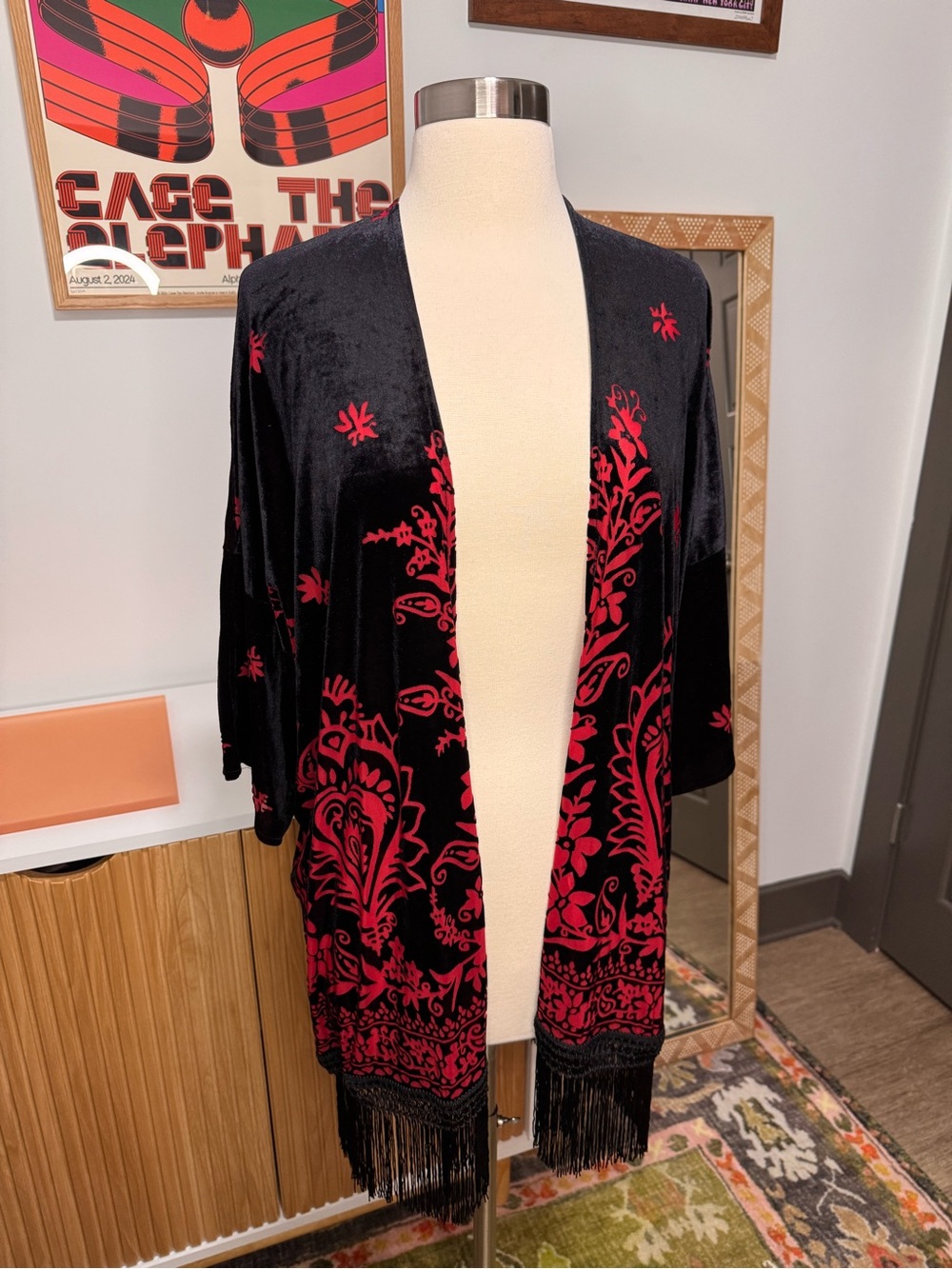 Urban Outfitters Black Fringe Kimono Jacket Red Floral Burnout